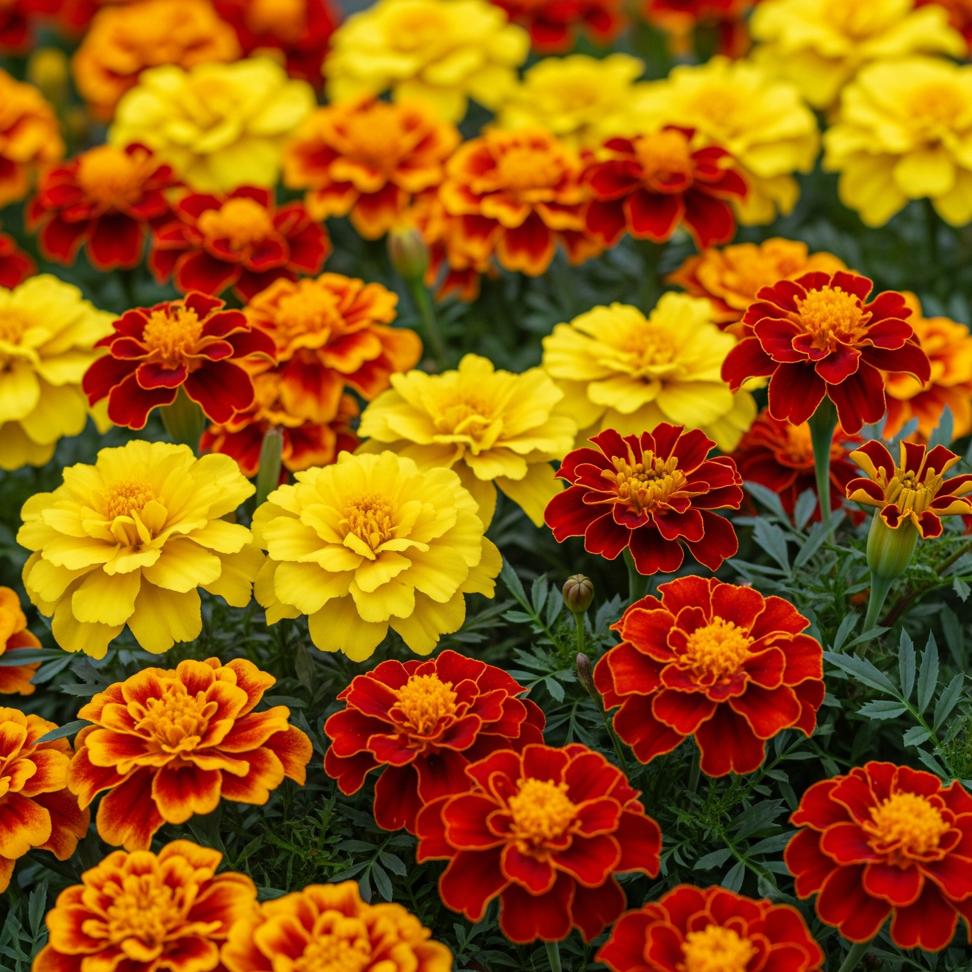 Tagete Nana Mix – 30 Semi – Cespugli Compatti, Capolini Semplici o Doppi, Giallo Arancio, Bordo Rosso-Bruno.